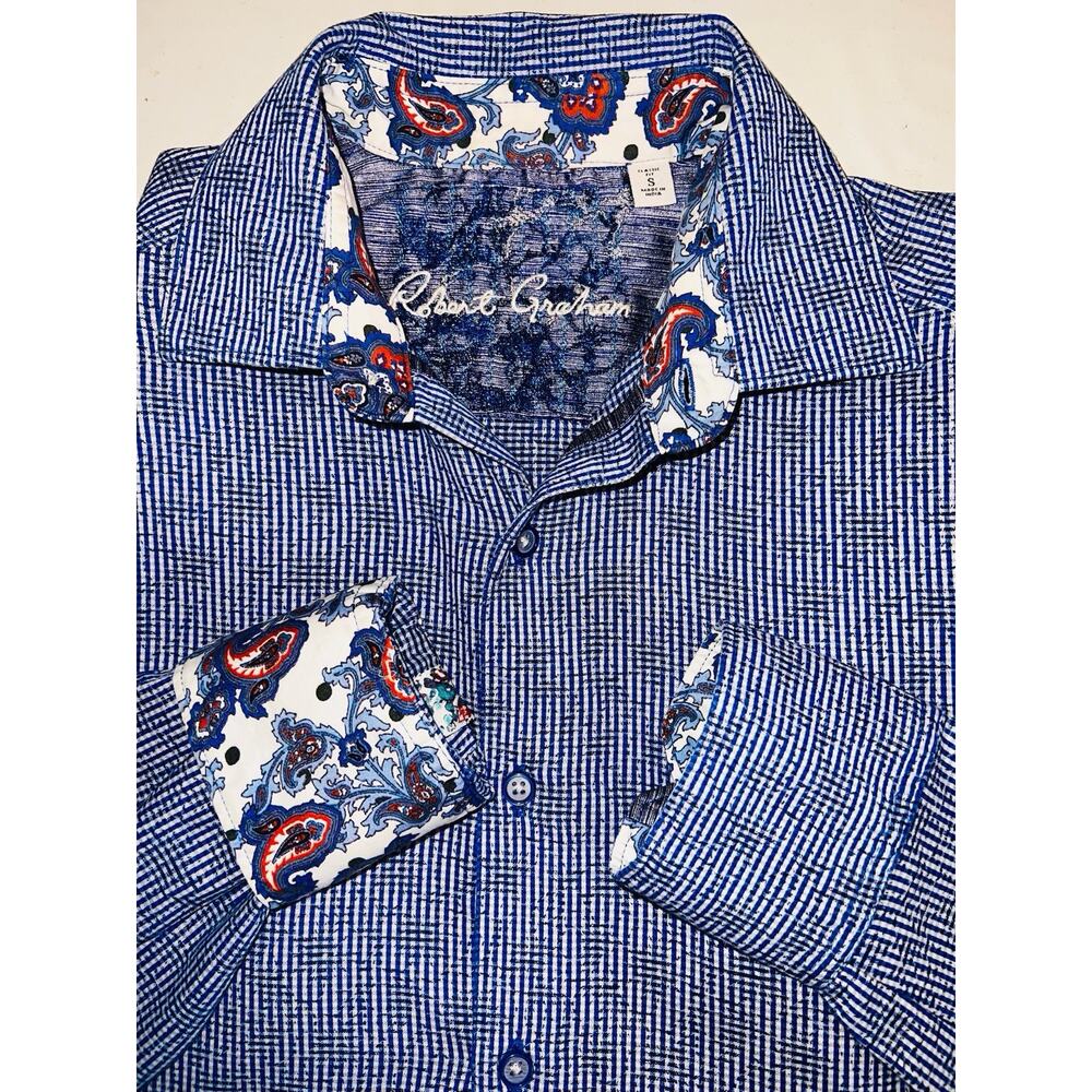 ROBERT GRAHAM BLUE TINY CHECK L/S SHIRT PAISLEY FLIP CUFFS SIZE S / SMALL